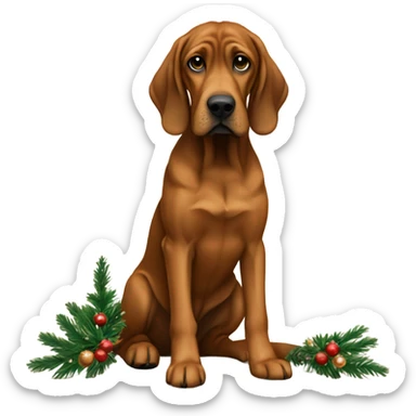 Brown bloodhound mix with lab sitting by Christmas tree  sticker