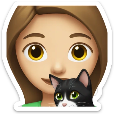 woman with brown hair holding a black and white cat. The woman is with green eyes. sticker