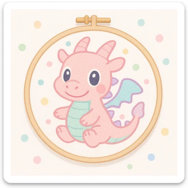 an embroidery frame with a playful dragon embroidered, Animal Crossing style, soft and cute sticker