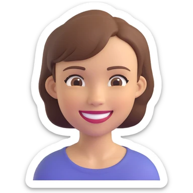 Create an individual memoji of a woman with light skin, short brown hair, smiling, in a 3D cartoon style similar to the reference image. sticker