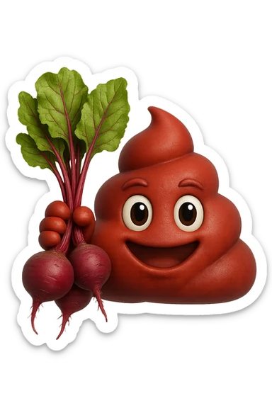 emoji stile iphone 3d di una cacca rossa con barbabietole in mano, iperrealistiche 4k sticker