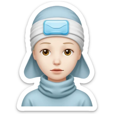 A person with headaches and a cold pack on the head sticker