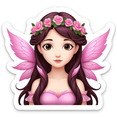 Beautiful, rose, fairy, pink, flowers in hair, long dark brown hair, big wings, fair skin sticker