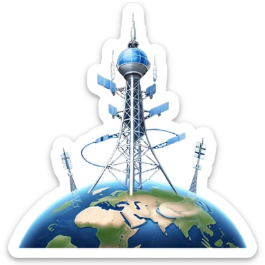 An icon featuring a communication tower with signal waves, satellites in orbit, and fiber optic cables. The design includes a smartphone and an earth with connection lines, symbolizing global communication networks. Transparent background  sticker