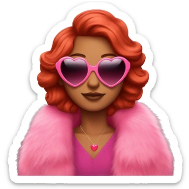 Red hair brown skin wearing pink fur coat and heart shaped sunglasses sticker