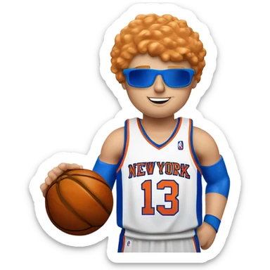 Strawberry blond guy of medium build dunking a basketball with New York Knicks colours and a number 3 jersey, surname bell sticker