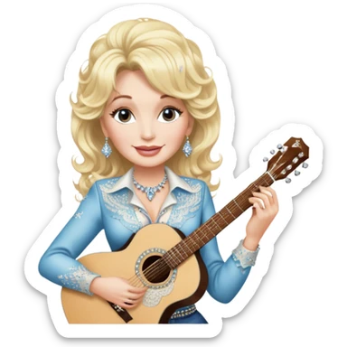 Icon for Country Music: Dolly Parton with her signature blonde curls, wearing a rhinestone-embellished outfit, holding an acoustic guitar. A classic country backdrop with musical notes, emphasizing her legendary status. Transparent background. sticker