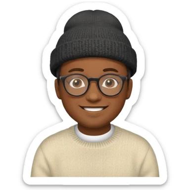 black man with glasses, smiling, wearing a hat and sweater, Soul movie inspired, emoji style sticker
