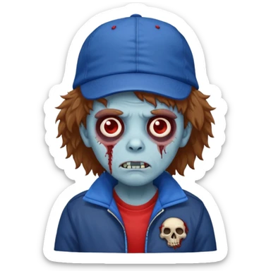 brown fluffy hair zombie with blue and white hat dark blue jilet red t shirt sticker