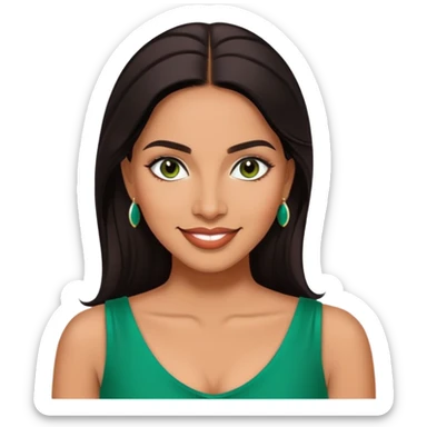 Professional portrait of Lynette Torres, Puerto Rican actress with radiant medium brown skin, charismatic expression, bright dark eyes, beautifully shaped eyebrows, charming smile, long sleek dark hair, wearing an elegant green top sticker