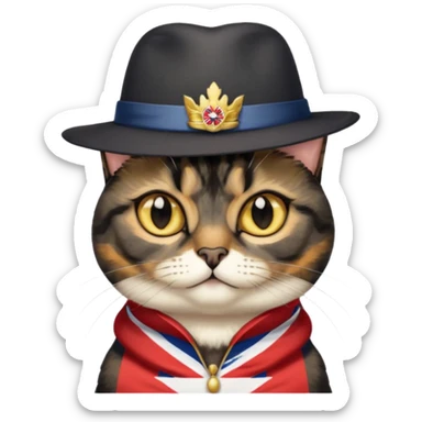 mostly black tortie cat, gold eyes, british hat sticker
