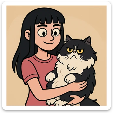 a girl with nearly black long hair and bangs, carrying a fluffy black and white Persian cat, modern cartoon style sticker