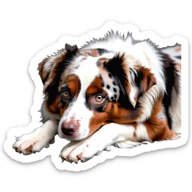 Red merle Australian Shepherd dog laying down, copper and white spotted coat sticker