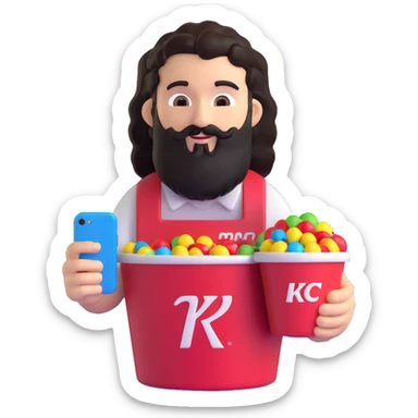 KFC bucket with a green M&M character sitting inside it, the M&M has a black beard, curly hair, and is holding an iPhone sticker