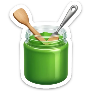 A small open plastic jar of vibrant green wax, wooden spatula inside sticker