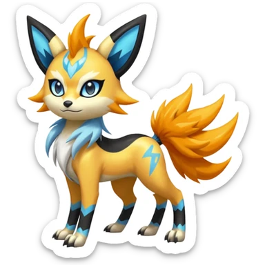Feral Lightning-patterned Zig-zagged buzzy fuzzy Meloetta-Renamon-Zeraora-Luxray-Cobalion-Suicune-Vernid-fusion-hybrid-creature, full body  sticker