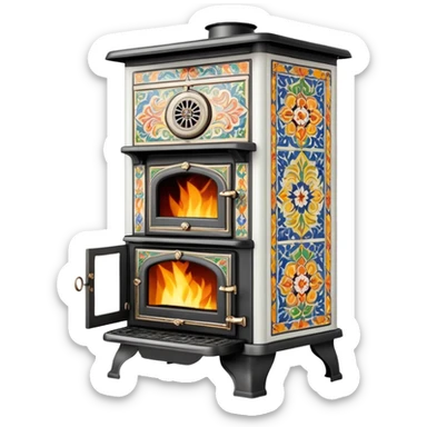 Ornamental European coal stove from the 1900s with ceramic tile decorations, tall design with metal door and coal burning inside sticker