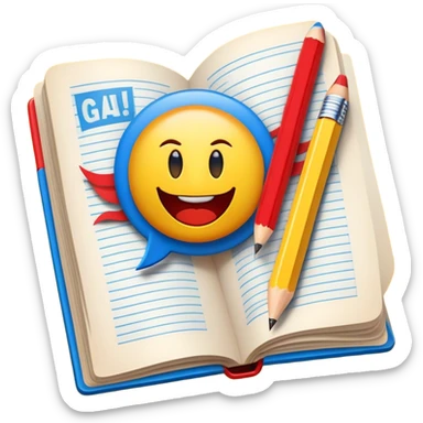 Create a vibrant emoji representing comic books and graphic novels. The design should feature a large, open comic book or vintage comic magazine with pages displaying classic American comic art, with text in Russian. The comic pages should have bold, dynamic panels and action scenes. Include a pencil writing on the pages, but without a hand, to symbolize the artistic creation of comics. Use bright colors like red, blue, and yellow, with a retro feel to the design. Make the background transparent. sticker