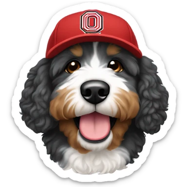 Bernedoodle with Ohio state baseball cap sticker