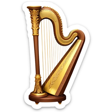 Create a luxurious and elegant emoji representing the LOUIS XV SPECIAL harp by the American manufacturer Lion & Healy. The design should feature the intricate, ornate frame of the harp with beautifully detailed carvings, highlighting the classical Louis XV style. Add golden strings and a subtle glimmer to evoke the high-end craftsmanship. Include delicate accents like musical notes flowing around the instrument to symbolize its melodic sound. Use warm, rich colors like gold, mahogany, and deep wood tones to reflect its luxurious and classical design. The background should be transparent. sticker