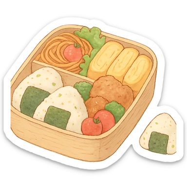 Japanese style bento box, soft pastel kawaii hand-drawn, full object, transparent background, with a tiny onigiri sticker