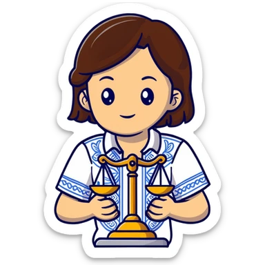 A Ukrainian girl with brown hair in an embroidered shirt holds the scales of truth in her hand sticker