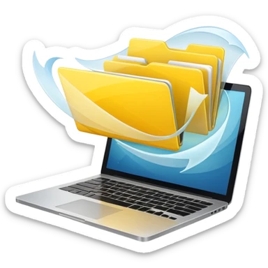 An open laptop with yellow folders containing data flying out. sticker