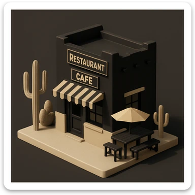 isometric exterior of a little southwestern restaurant, black, beige, and white color palette, dollhouse style, 3D realistic sticker