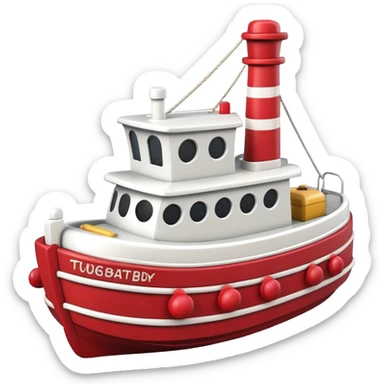 A wooden toy tugboat with a happy face and rosy cheeks sticker