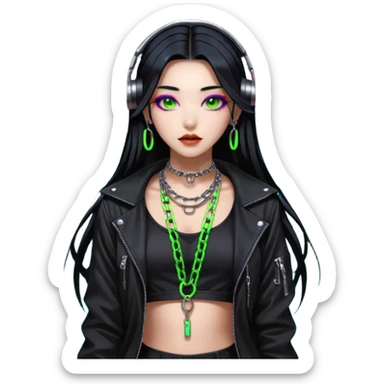  korean-techno-dj-girl,-wearing-a-stylish-edgy-outfit-with-metallic-chains,-long-black-hair,-performing-in-a-neon-lit-underground-club,-cyberpunk-aesthetic,-high-detail-3d-emoji-style,-energetic-and sticker