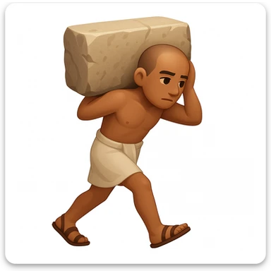 Create a fullbody ancient Egyptian worker, no fancy hat, carrying a rock block on their back, walking. The style should resemble emoji style with simple and concise features. sticker