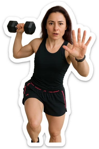 Allenamento ad alta intensità donna mentre fa pesi con in mano due manubri sticker