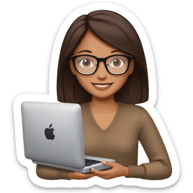 woman with tan skin, chest-length straight dark-brown hair and glasses, smiling and holding mac computer sticker