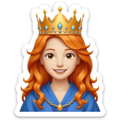young queen white skin, long wavy orange hair, bright smile, wearing crown and blue robe emoji sticker