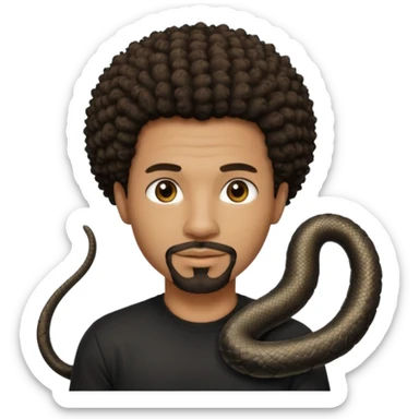 Homme noir, yeux marron avec un bouc sans la moustache, cheveux court et bouclé crépus avec un dégradé sur le côté, avec un cobra à côté , t-shirt noir  sticker