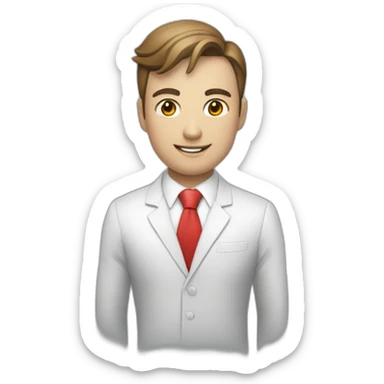 An employee of a real estate agency in a Superman suit with a red letter e on his chest sticker