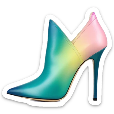 Realistic isolated top view of a pair of dark teal,pastel pink,pastel purple,and yellow ombre Jimmy Choo stiletto peep toe ankle boots. sticker