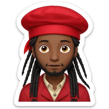Black guy with long black dreadlocks tied back, red beret, reggae vibe sticker
