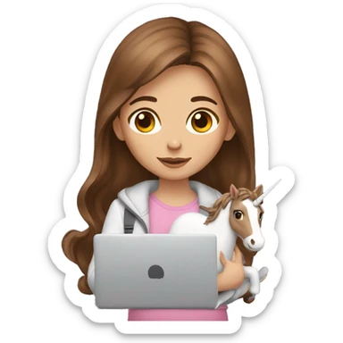 Brown hair girl holding a unicorn and a laptop sticker