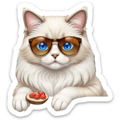 One ragdoll cat with sunglasses selling mushrooms in a bar sticker