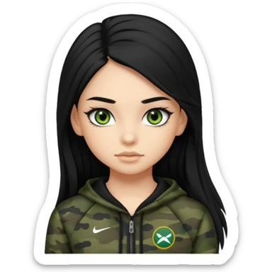 cute teenage girl, cute athletic clothes, light tan skin, dark camo green eyes, long black hair, very long eyelashes sticker
