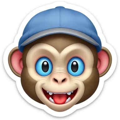 A mischievous cartoon monkey, sporting a cheeky grin and sharp teeth, dominates the image, exuding an aura of playful irreverence. Its skin is a pale tone with bold black markings, and piercing blue and red eyes suggest a cunning personality. Topped with a gray cap,  sticker