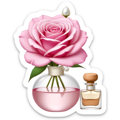 a beautiful aesthetic single rose in white and pink with an ivory bow and a pearl white perfume bottle with a white daisy on the cork sticker