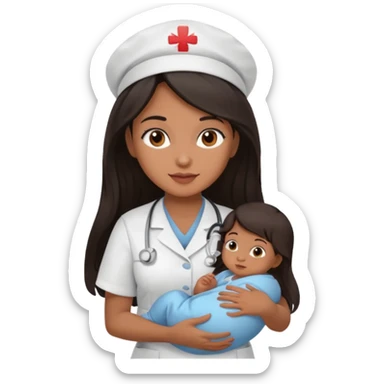 Female nurse with long dark hair with medium brown skin and brown eyes holding a baby sticker