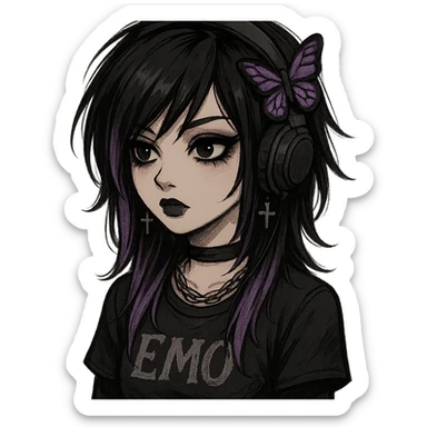 emo girl with headphones, purple highlights, butterfly hairpin sticker