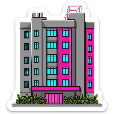 Soviet-era concrete panel apartment building with bright neon pink glow from a window where plants are growing sticker