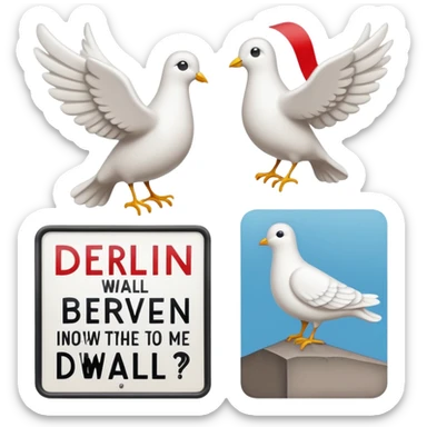 close-up of protest signs with peace dove and Berlin Wall, 1950s and 60s sticker
