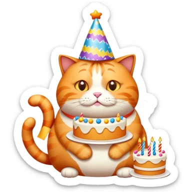 Fat orange cat with birthday hat and streamers and a cake sticker