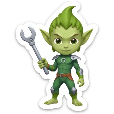 short green goblin, hold a wrench, cute chibi full body sticker