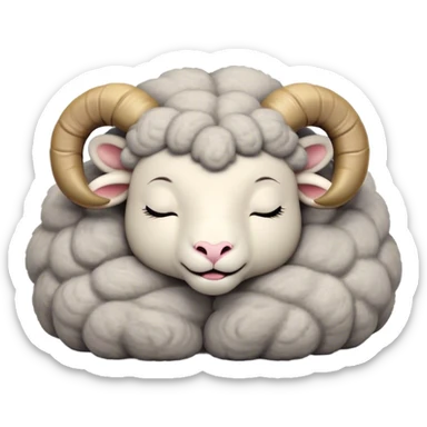 Meme-Worthy Cute Sleeping Ram Portrait Emoji, Head resting peacefully with a contented smile, showcasing a robust build and a luxuriously soft woolly grey fur with gently curled horns, eyes shut in a serene, restful nap, Simplified yet hilariously adorable features, highly detailed, glowing with a soft, drowsy light, high shine, relaxed and utterly lovable, stylized with an air of playful laziness, bright and heartwarming, soft glowing outline, capturing the essence of a comically sleepy ram, so meme-worthy it feels like it could instantly become the next viral sensation of adorable slumber! sticker